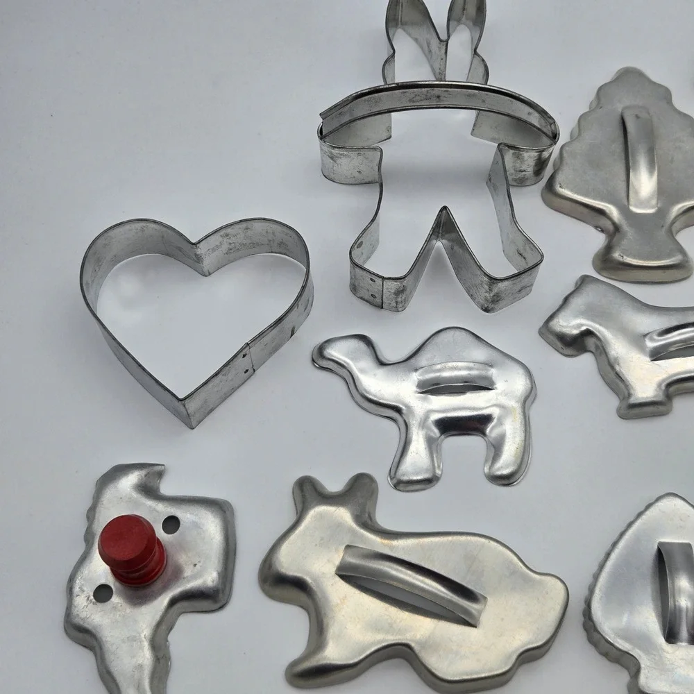 Vintage Aluminum Cookie Cutter Set 20pc Animals Holiday Shapes Silver Metal